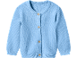Sky blue baby knit cardigan with wooden buttons.