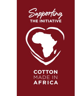 Logo: Supporting the initiative, cotton made in Africa, with an outline of Africa in a heart.