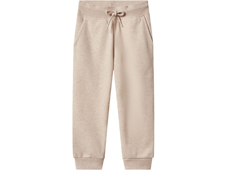 Beige sweatpants with a drawstring waist and elastic cuffs.