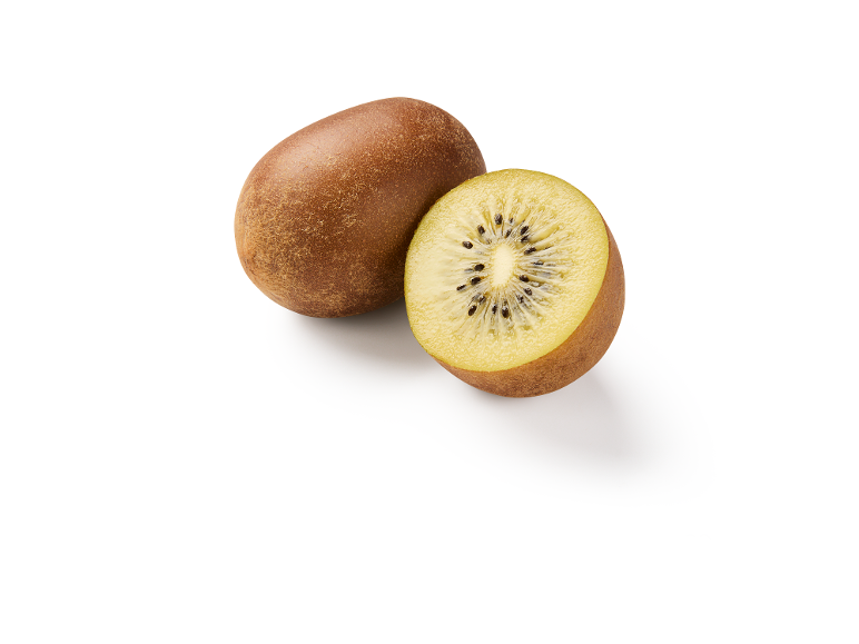 Whole and halved golden kiwi on a white background.