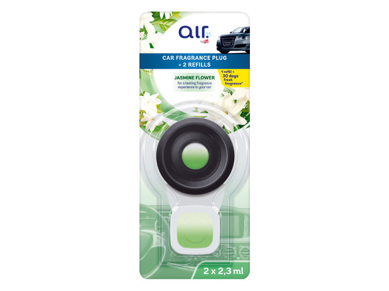 Car fragrance plug with jasmine flower scent, includes plug and two refills.