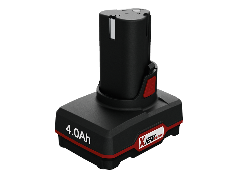 Black 4.0Ah 12V power tool battery with red accents and X12V Team logo