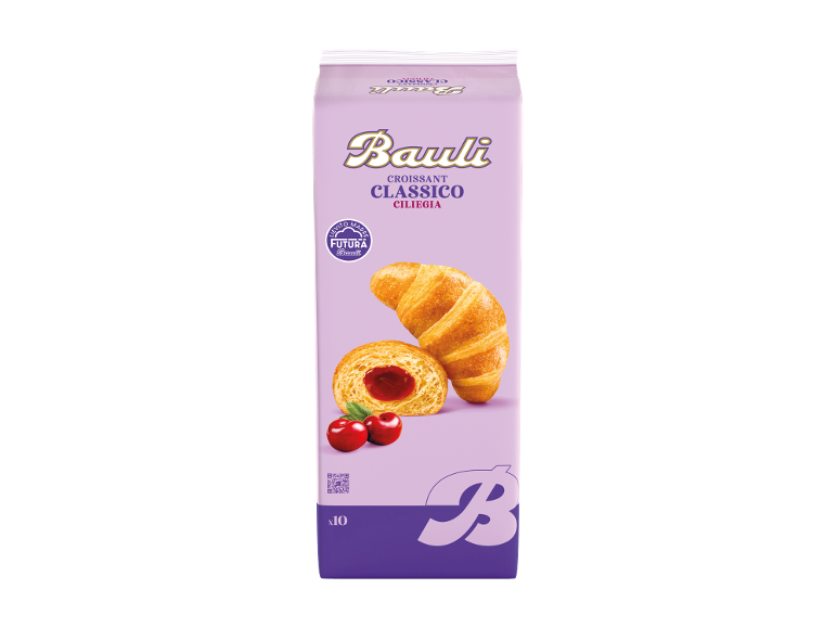 Purple package of classic croissants with cherry filling and fresh cherries.