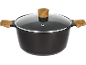 Black pot with glass lid and wooden handles