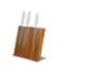 Wooden knife block with three kitchen knives featuring transparent handles.
