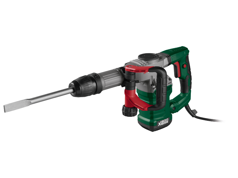Green and grey demolition hammer with red accents and a chisel.