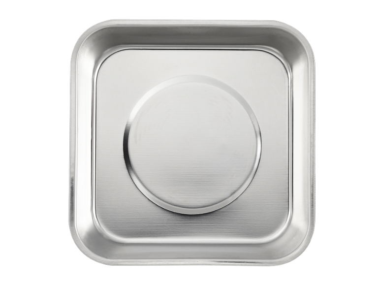 Square stainless steel tray with a round indentation in the center.