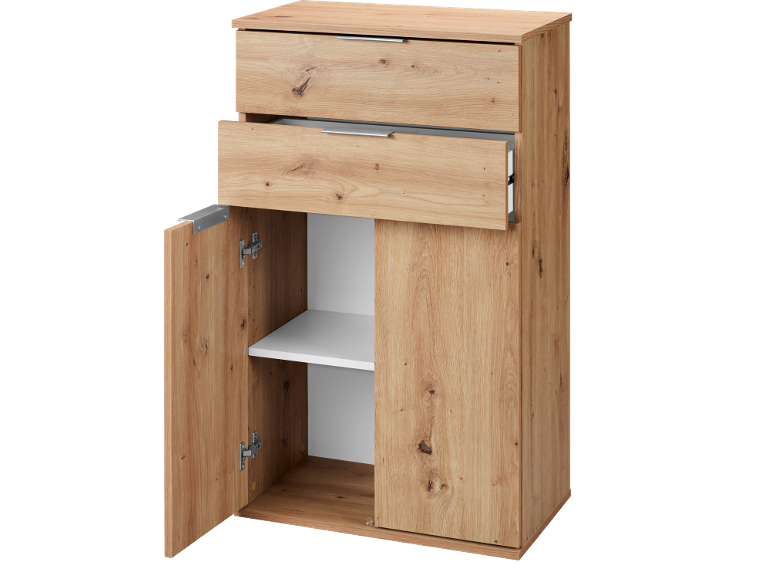 Wooden chest of drawers with two drawers and a cabinet with a white shelf.