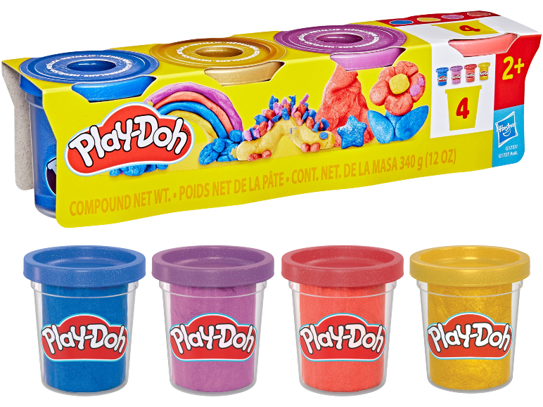 Pack of 4 metallic modeling compound tubs, with unicorn and rainbow creations.