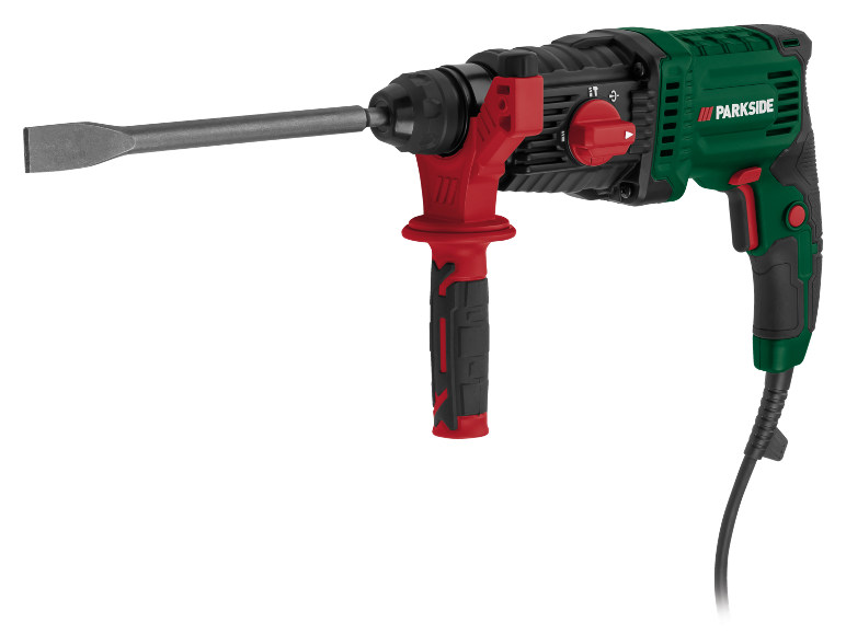 Green and black rotary hammer with chisel, red handle, and power cable.
