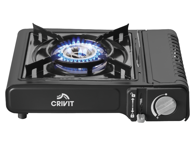 Black portable gas stove with a lit blue flame