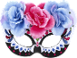 Colorful floral mask in Dia de los Muertos style with pink and blue flowers.