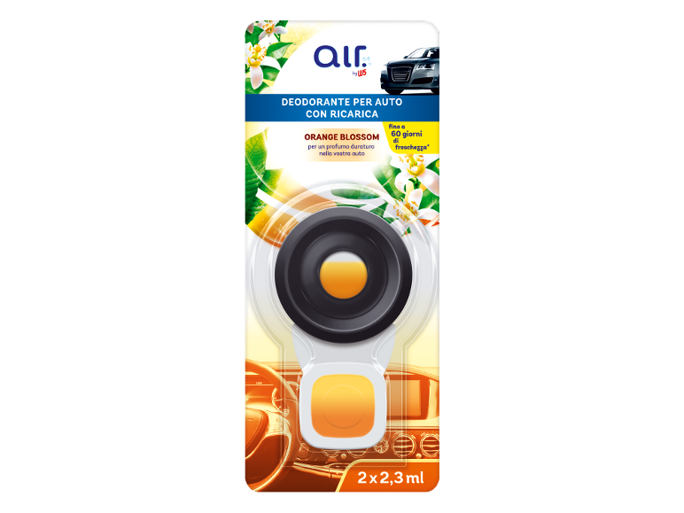 Car air freshener with refill, orange blossom scent, providing up to 60 days of freshness.