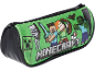 Green pencil case with Minecraft characters and logo.