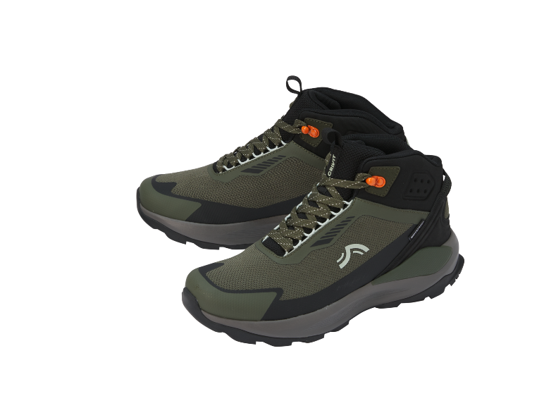 A pair of olive green hiking boots with orange accents and the text «WATERPROOF».