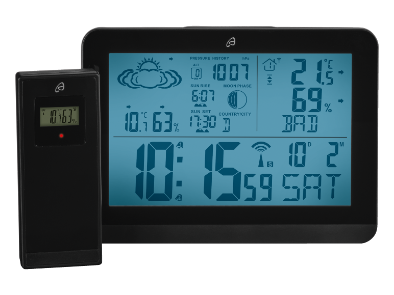 Digital weather station with LCD display showing time, temperature, and humidity.