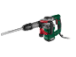 Green and grey demolition hammer with red accents and a chisel.