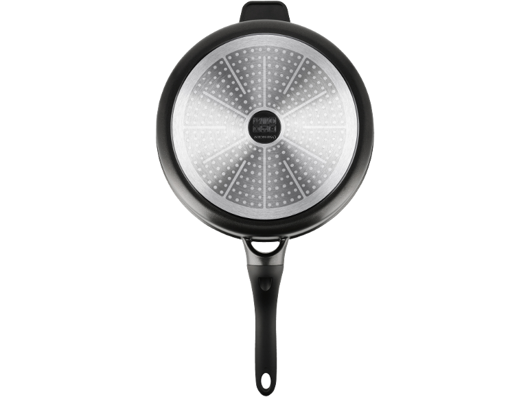 Underside of a frying pan with a metal base and a handle.