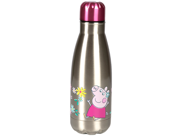 Metal water bottle with a pink cap and a pig character with flowers.