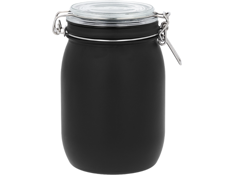 Matte black jar with a glass lid and metal clip closure.