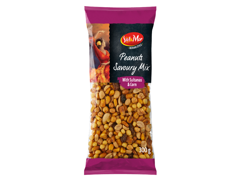 Peanuts savoury mix with sultanas and corn, Iberian style, 300g.