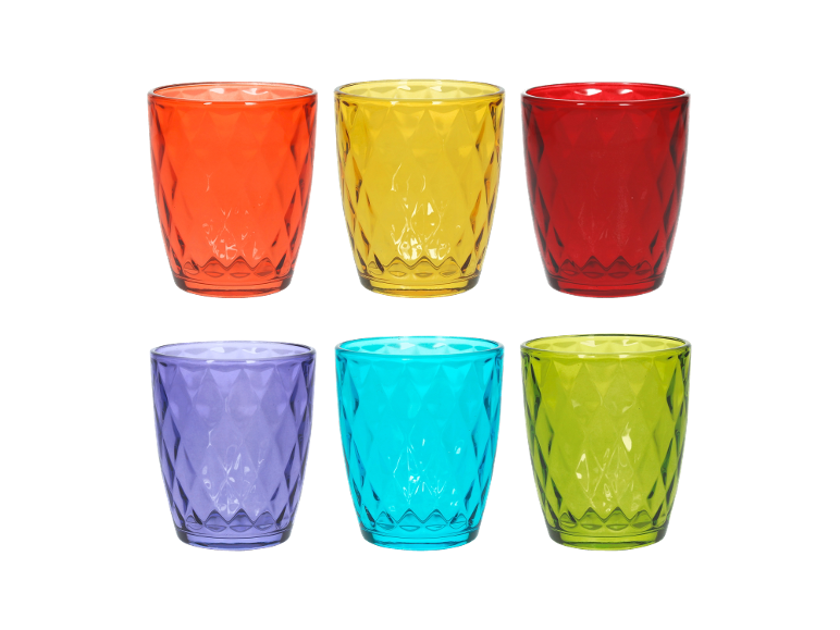 Six brightly colored plastic tumblers with diamond texture: orange, yellow, red, purple, turquoise, and green.