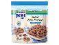 Bag of salted milk chocolate mini pretzels, with an alpine landscape in the background.