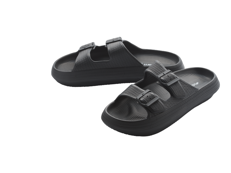 Two black sandals with two straps and buckles.