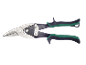 Tin snips with ergonomic green and black handles.