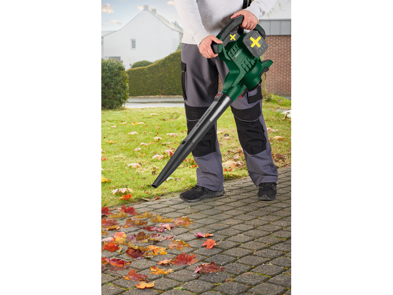 Man using a leaf blower on a paved path, surrounded by autumn leaves and grass.