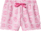 Pink shorts with pig and heart print, featuring a drawstring waist.