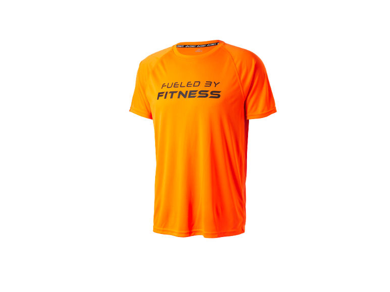 Orange sports t-shirt with the inscription «FUELED BY FITNESS».