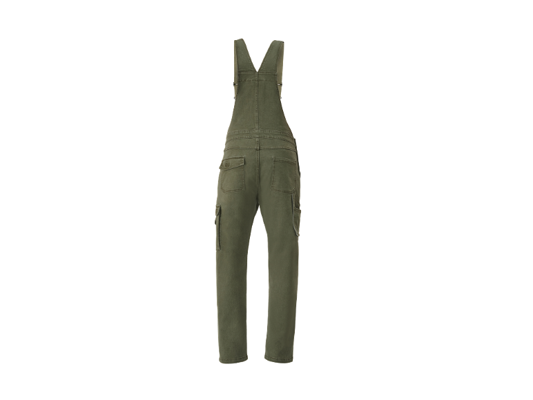 Green denim overalls with pockets, back view.