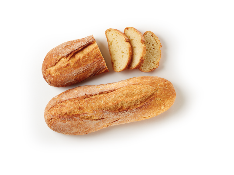 Rustic bread with one whole and one sliced loaf on a white background.