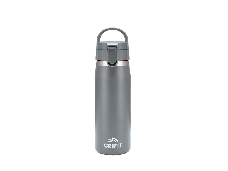 Grey thermos bottle with a lid and handle, featuring a copper-colored ring at the top.