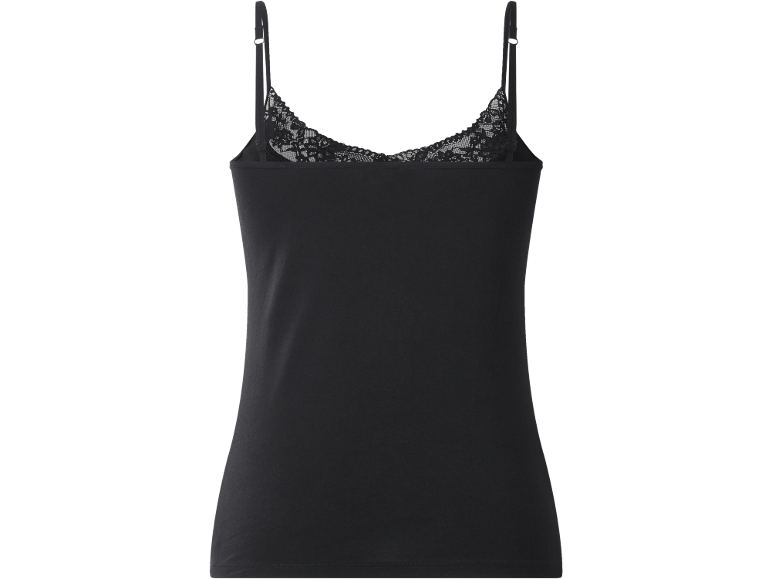 Black women's camisole with thin straps and lace trim.