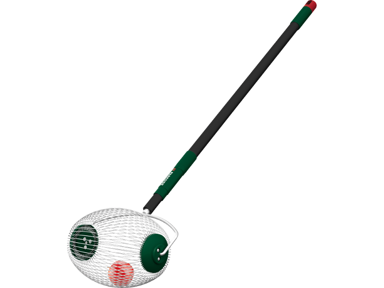 Nut gatherer with a long handle and a wire basket, containing a red ball.