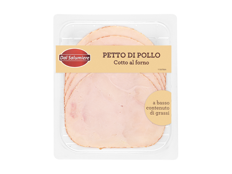 Oven-baked chicken breast slices, low in fat, in packaging.