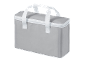 Grey cooler bag with white zipper and handles