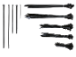 Assortment of black cable ties in various sizes, some bundled together.