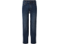 Dark blue men's straight-leg jeans with five pockets.