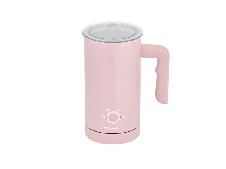 Pink milk frother with a transparent lid and control buttons.