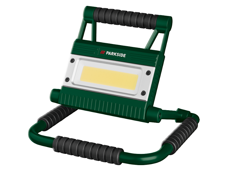 Green portable LED work light with handles and a stand.