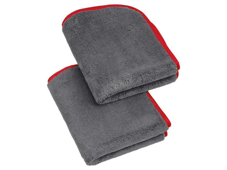 Two gray microfiber towels with red trim.