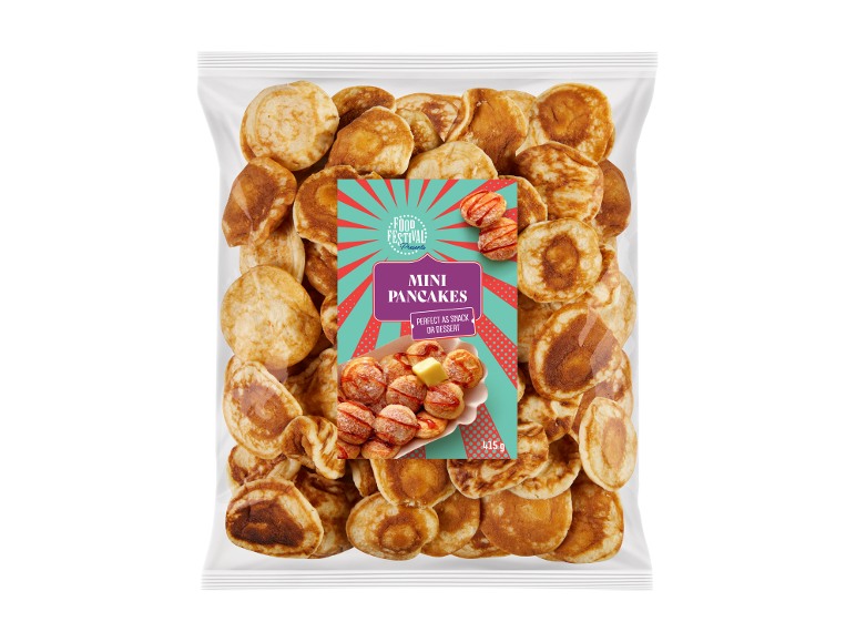Bag of mini pancakes, packaging shows pancakes with butter and syrup, 415 g.