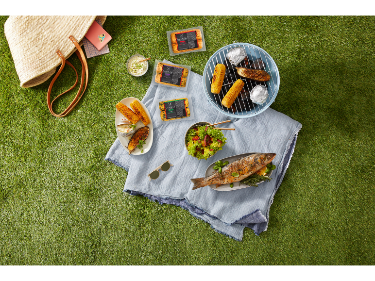 Grilled fish, corn on the cob, and salad for a picnic on green grass.