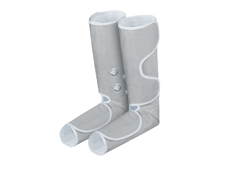 Two grey compression cuffs for legs with white edges and transparent buttons.
