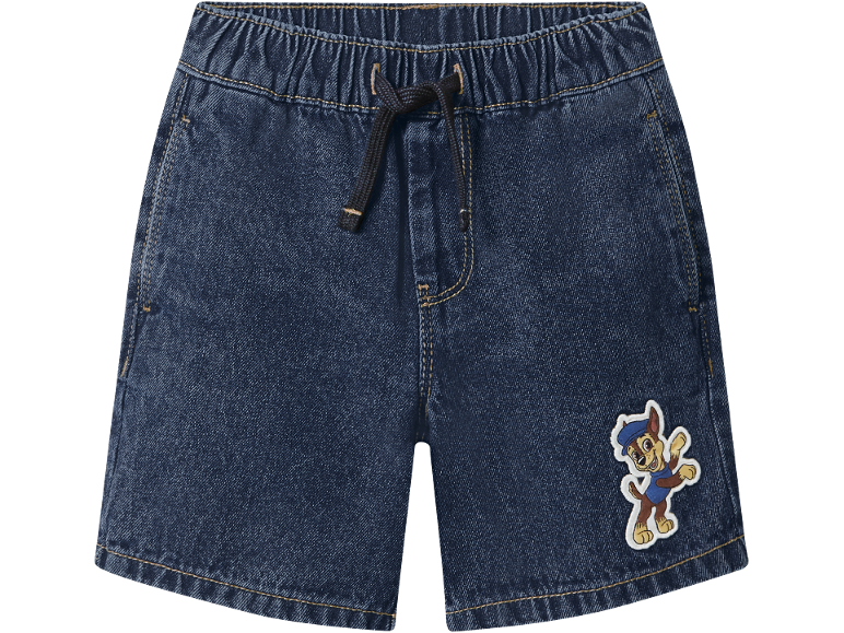 Dark blue denim shorts for children with an elastic waistband and a dog patch.