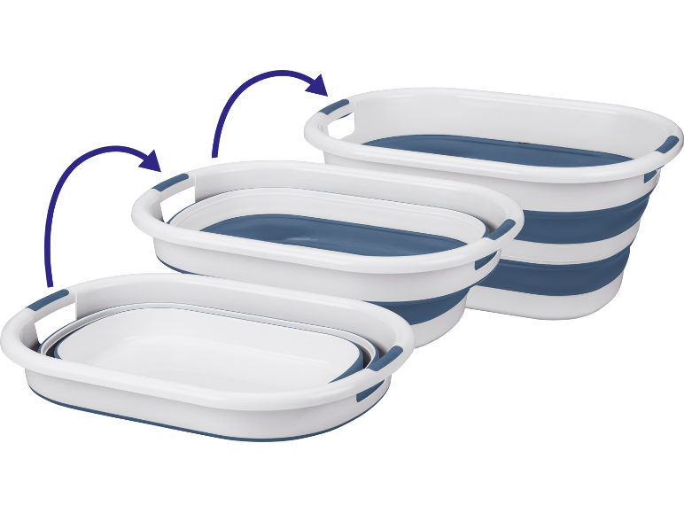 Three white and blue collapsible laundry baskets, showing the folding process.