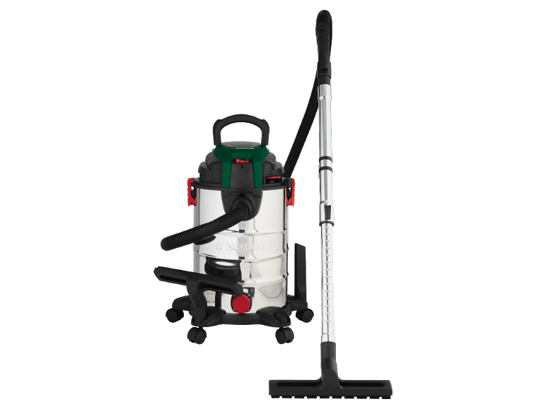 Wet and dry vacuum cleaner with stainless steel tank and accessories.